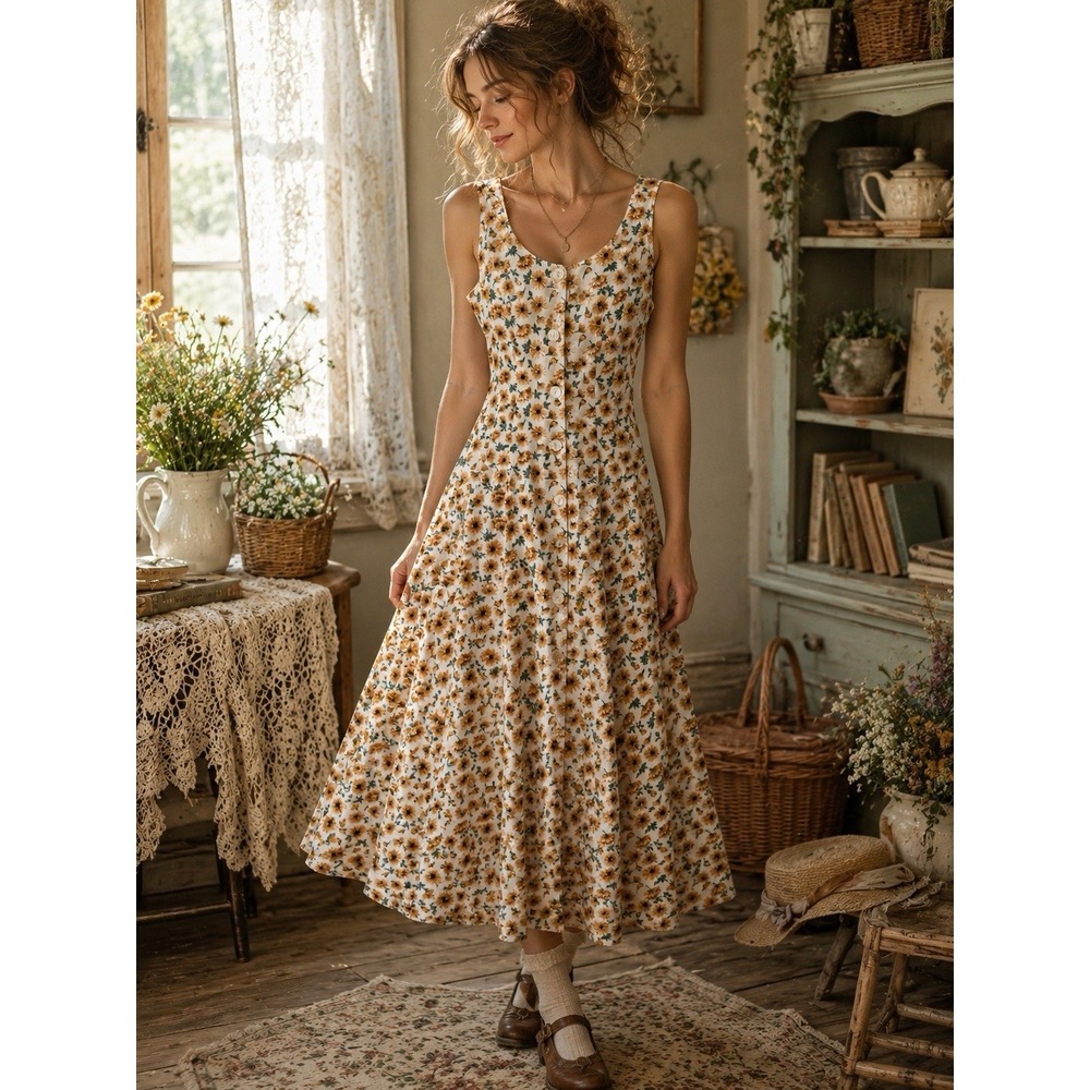 VTG California Concepts Dress Juniors 3 Midi Cittagecore Sunflower 90s Fairy USA